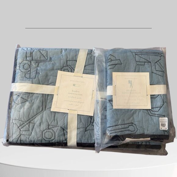 Pottery Barn NWT HTF Braden Construction Blue Stitched Quilt And Sham Twin - Picture 1 of 4